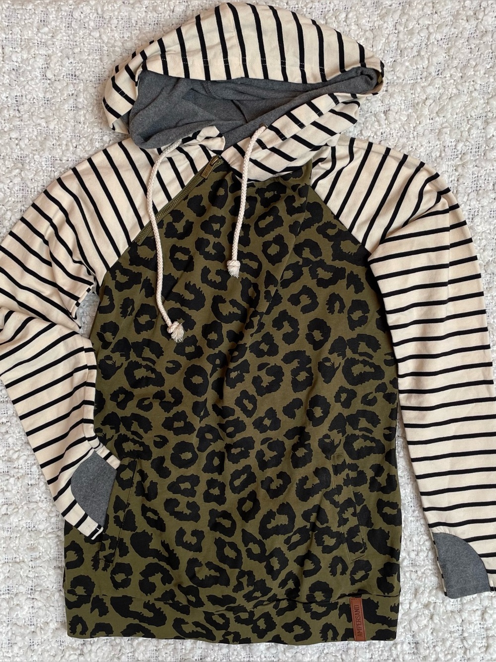 AMPERSAND AVE Olive Leopard Raglan Hoodie with Cream & Black Stripes Women’s S